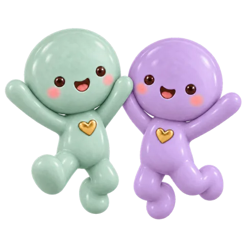 The mint and lilac figures jumping together.