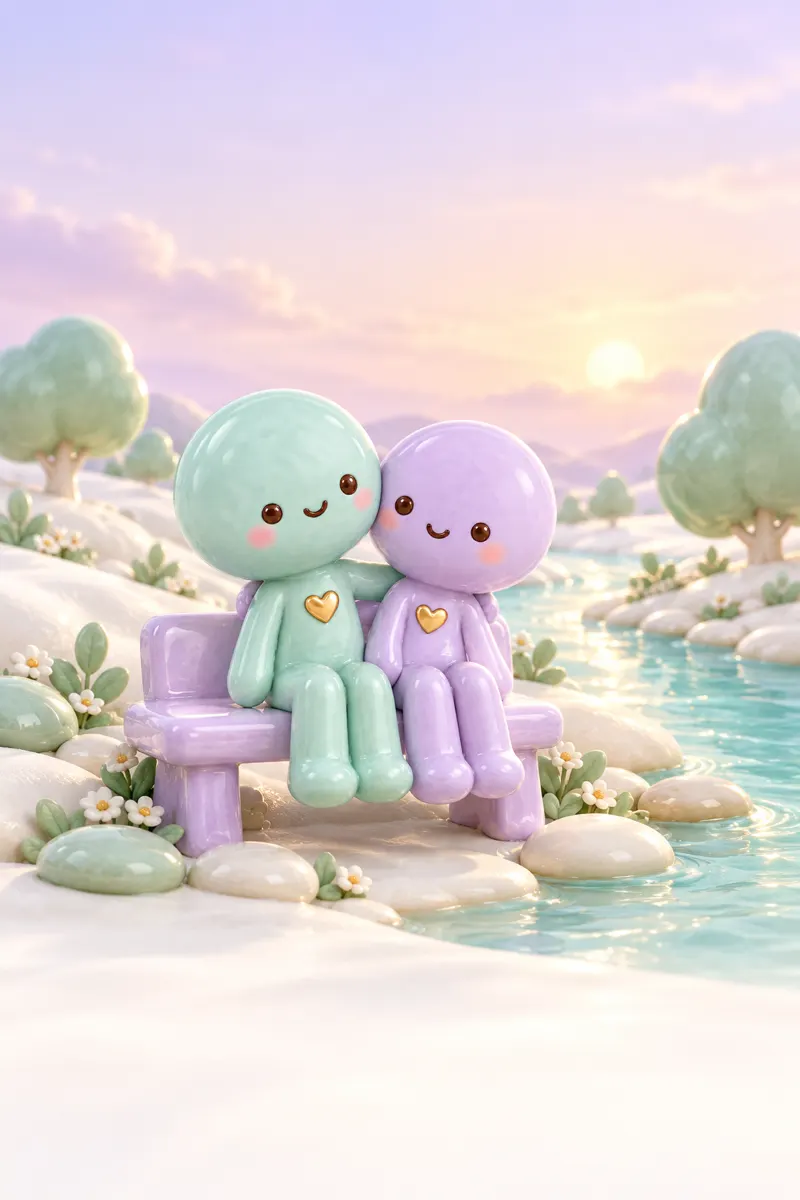 Two ceramic figures, one mint and one lilac, sitting close on a bench by a river at sunset.