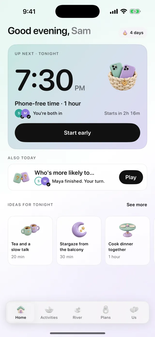 River's Home screen: tonight's dinner plan and today's quiz.