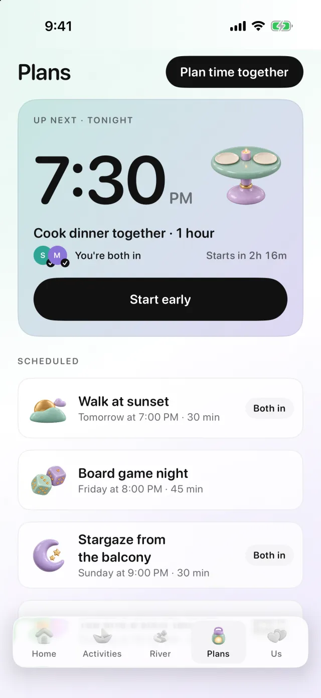 River's Plans screen with phone-free time tonight.
