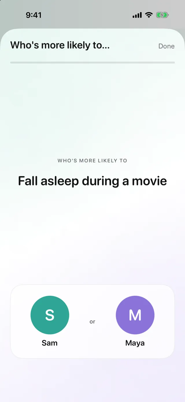 River's quiz screen asking who's more likely to fall asleep during a movie.