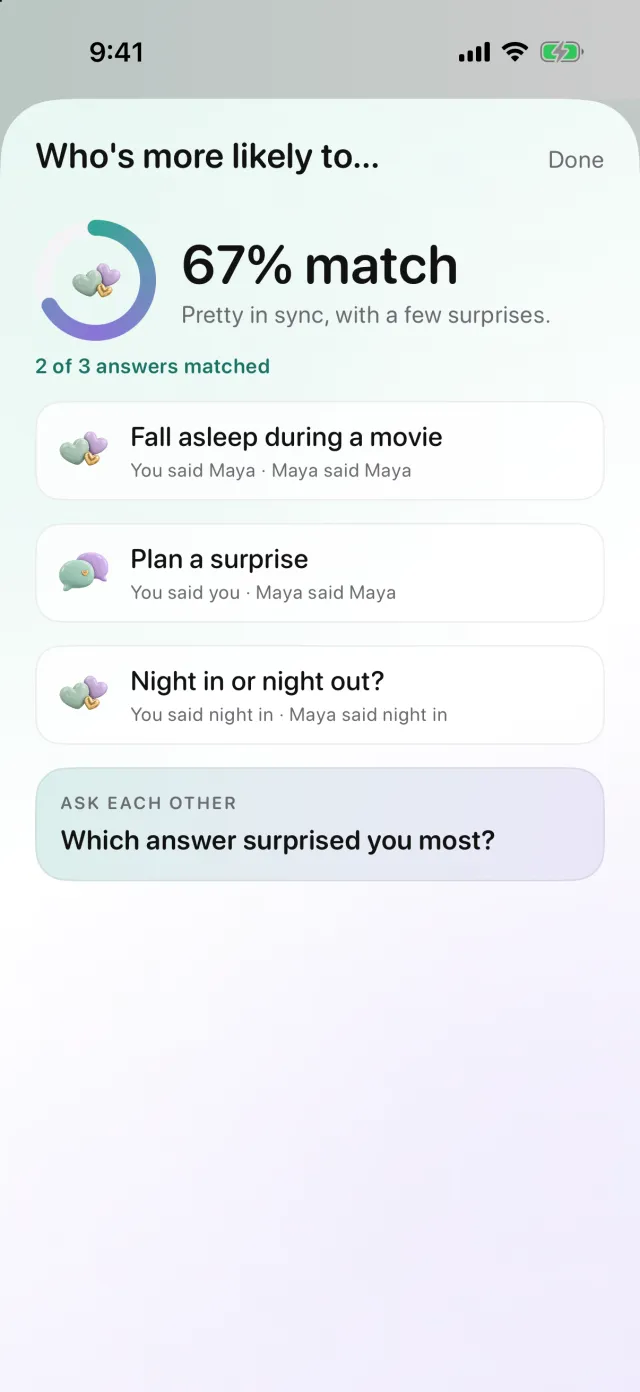 River's quiz results: a 67% match and a question to ask each other.
