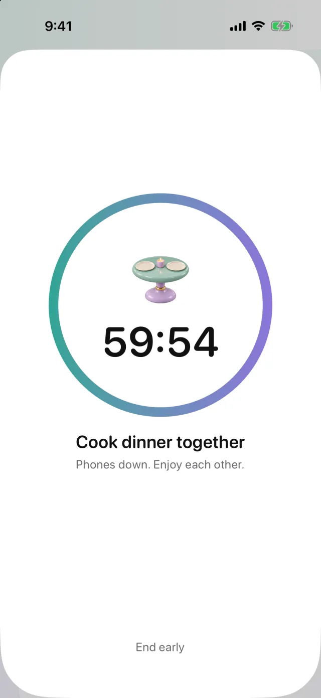 River during a plan: a countdown ring around 59:54 for cook dinner together, with End early below.