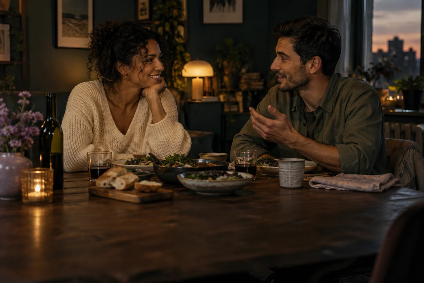 A couple enjoying a conversation over dinner at home.