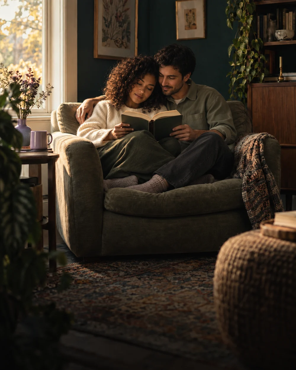 Two partners sharing a book during a quiet evening together.